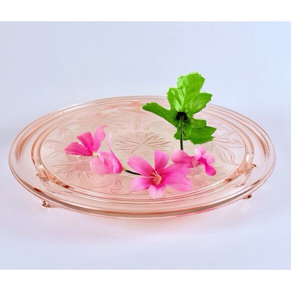 Vintage Jeanette Glass Pink Depression Glass Sunflower Footed Cake Plate - Picture 9 of 9